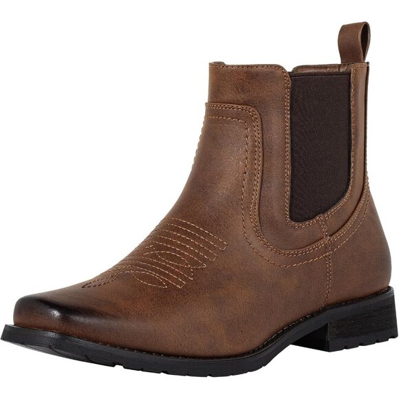 ⚡Men's Brown Chelsea Square Toe Western Boots Classic Casual Work Ankle Boots - Picture 1 of 8